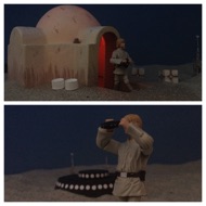 Threepio struggles out of the homestead as Luke scans the landscape with his electrobinoculars. THREEPIO: "That R2 unit has always been a problem. These astro-droids are getting quite out of hand. Even I can't understand their logic at times." #starwars #anhwt #starwarstoycrew #jbscrew #blackdeathcrew #starwarstoypix #starwarstoyfigs #toyshelf 